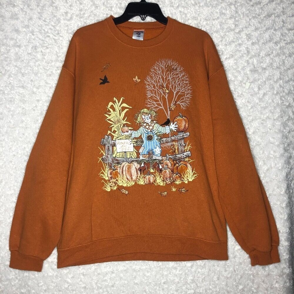Jerzees NuBlend Burnt Orange Autumn Scarecrow Pumpkin Harvest Sweatshirt Large - Picture 2 of 5